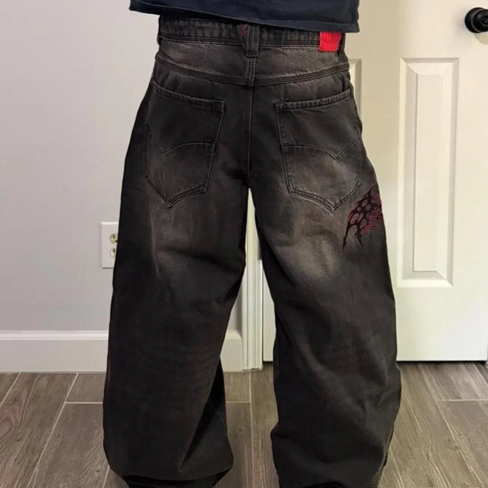 Y2K grunge baggy black embroidered jeans size 34